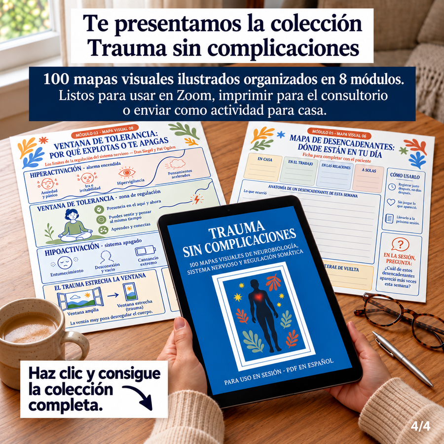 Trauma sin complicaciones: colección de 100 mapas visuales en 8 módulos, con muestras en pantalla y papel.